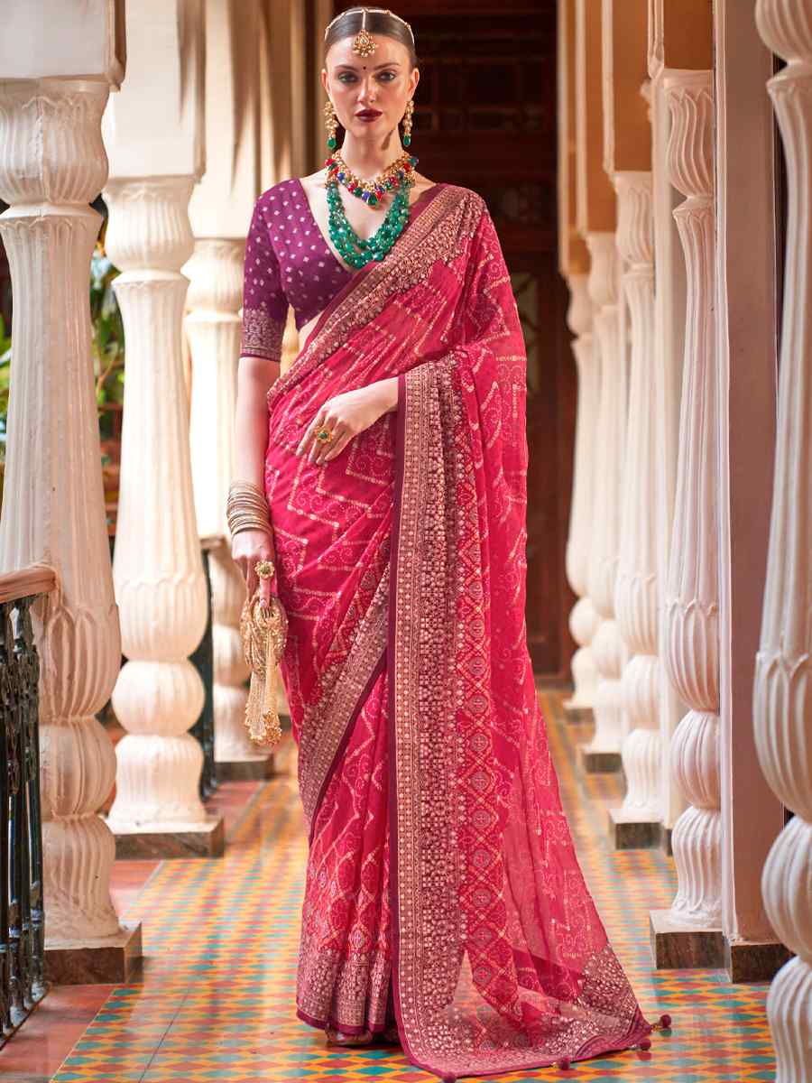 Pink Super Georgette Handwoven Party Festival Heavy Border Saree