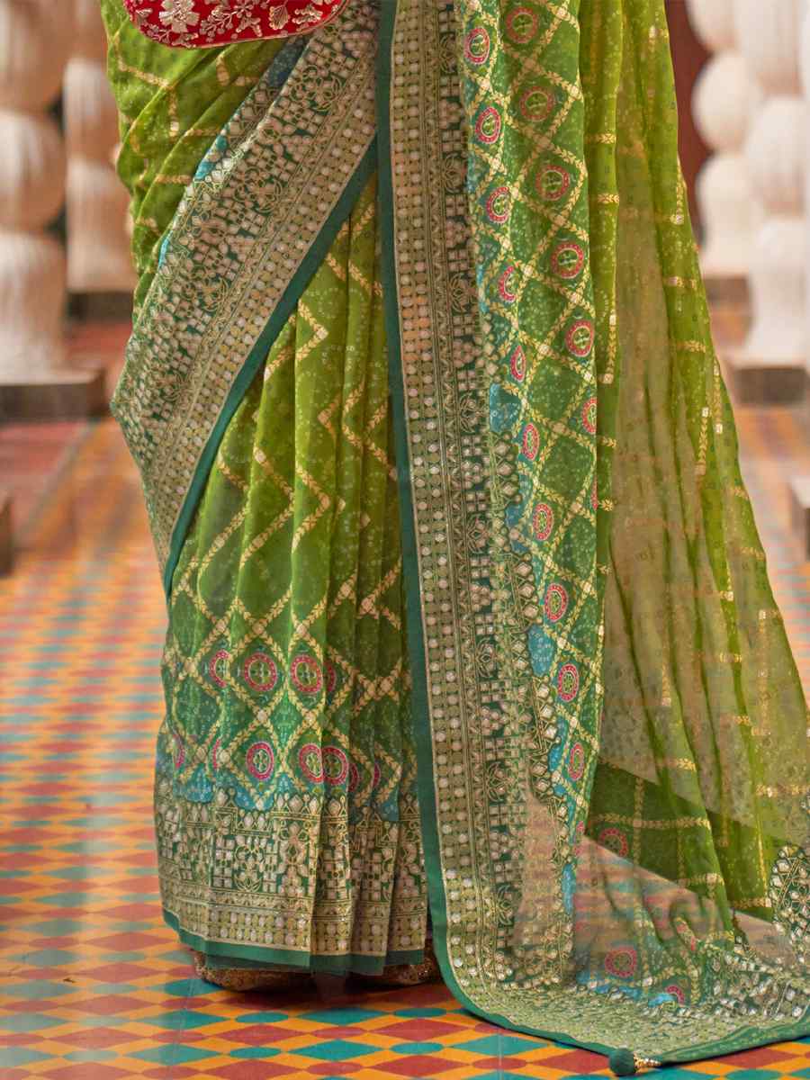 Pista Super Georgette Handwoven Party Festival Heavy Border Saree