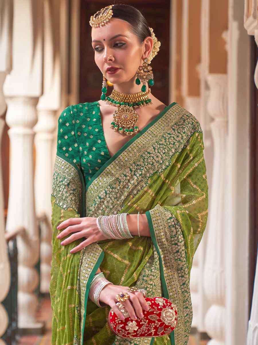 Pista Super Georgette Handwoven Party Festival Heavy Border Saree