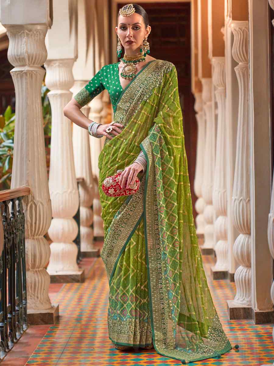 Pista Super Georgette Handwoven Party Festival Heavy Border Saree