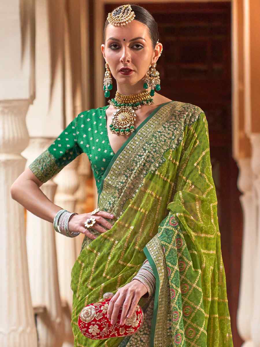 Pista Super Georgette Handwoven Party Festival Heavy Border Saree