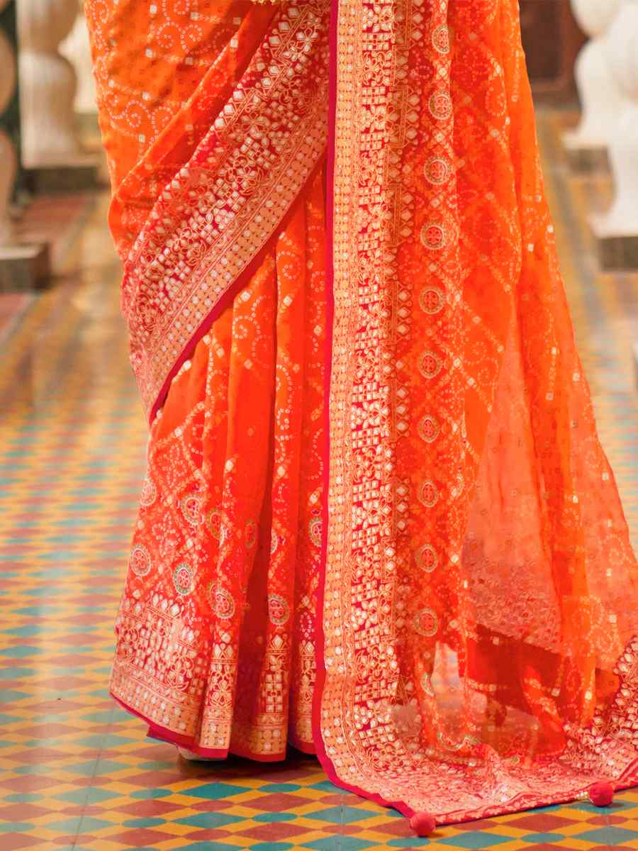 Orange Super Georgette Handwoven Party Festival Heavy Border Saree