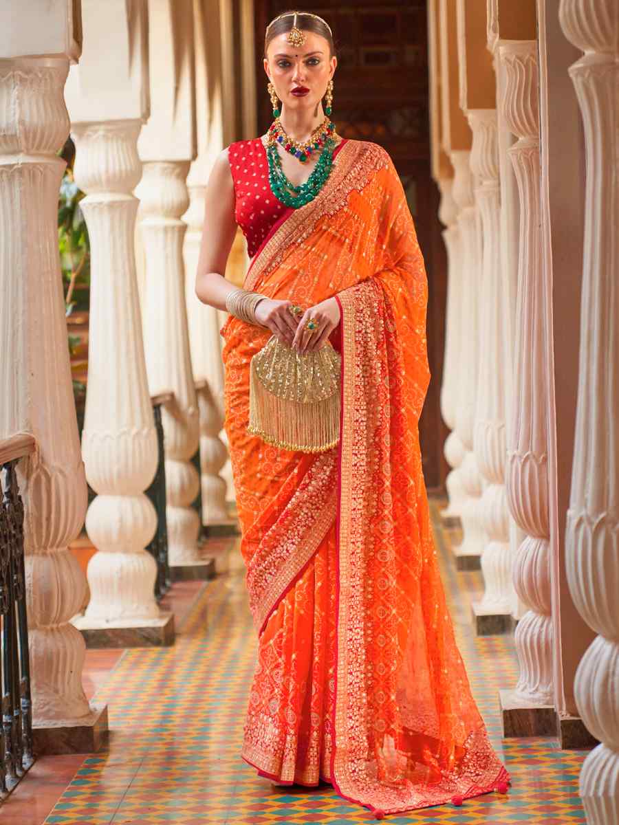 Orange Super Georgette Handwoven Party Festival Heavy Border Saree