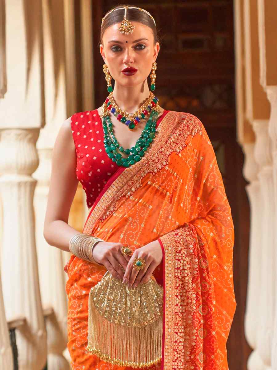 Orange Super Georgette Handwoven Party Festival Heavy Border Saree