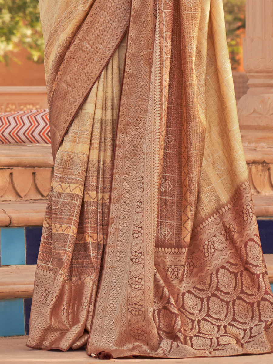 Beige Soft Kachhi Silk Handwoven Wedding Festival Heavy Border Saree