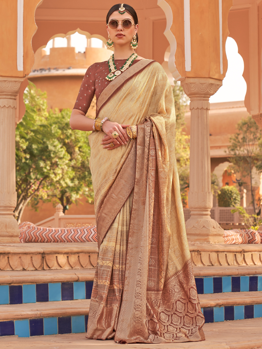 Beige Soft Kachhi Silk Handwoven Wedding Festival Heavy Border Saree