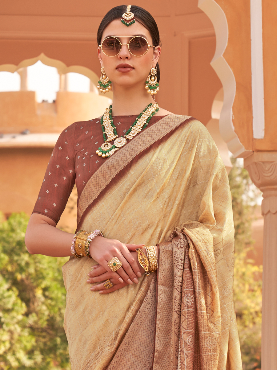 Beige Soft Kachhi Silk Handwoven Wedding Festival Heavy Border Saree