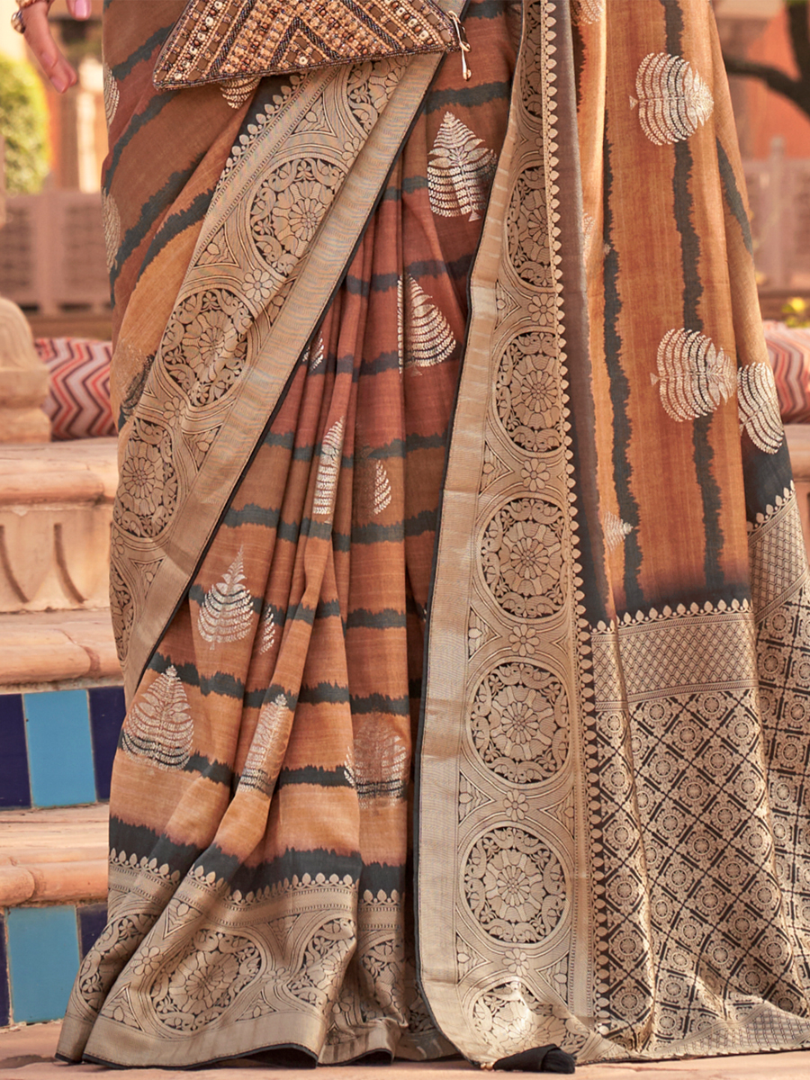 Brown Soft Kachhi Silk Handwoven Wedding Festival Heavy Border Saree