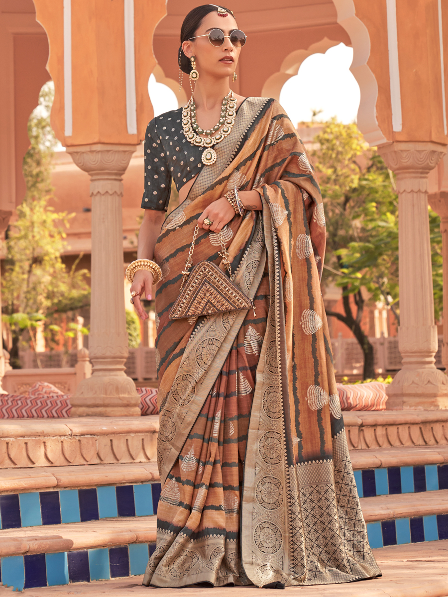 Brown Soft Kachhi Silk Handwoven Wedding Festival Heavy Border Saree