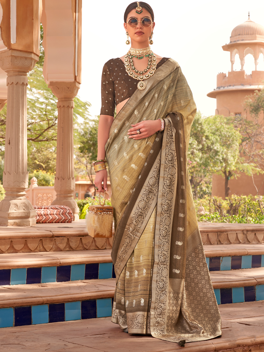 Light Pista Soft Kachhi Silk Handwoven Wedding Festival Heavy Border Saree