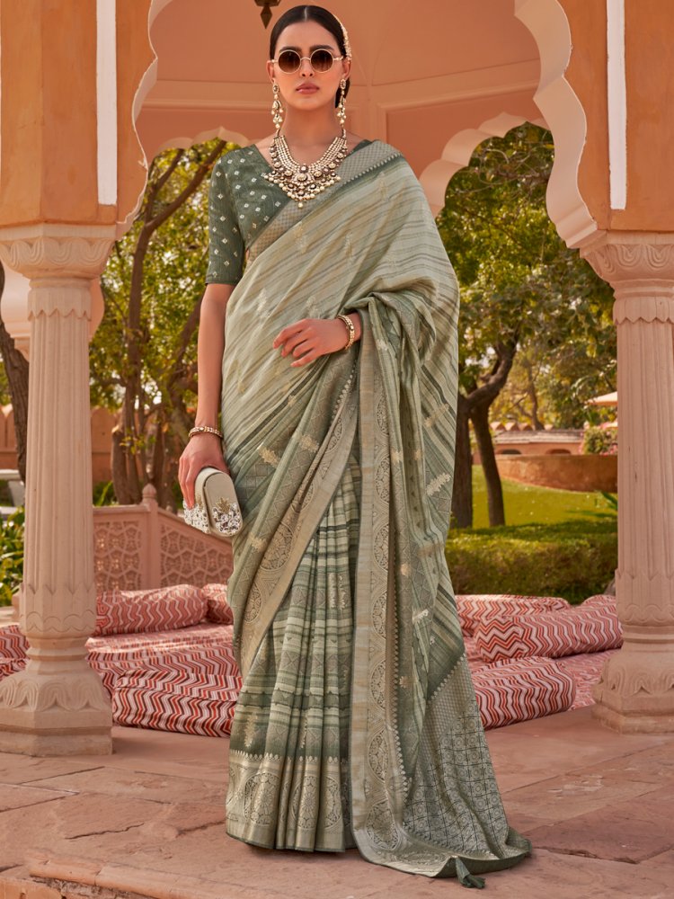 Mint Soft Kachhi Silk Handwoven Wedding Festival Heavy Border Saree