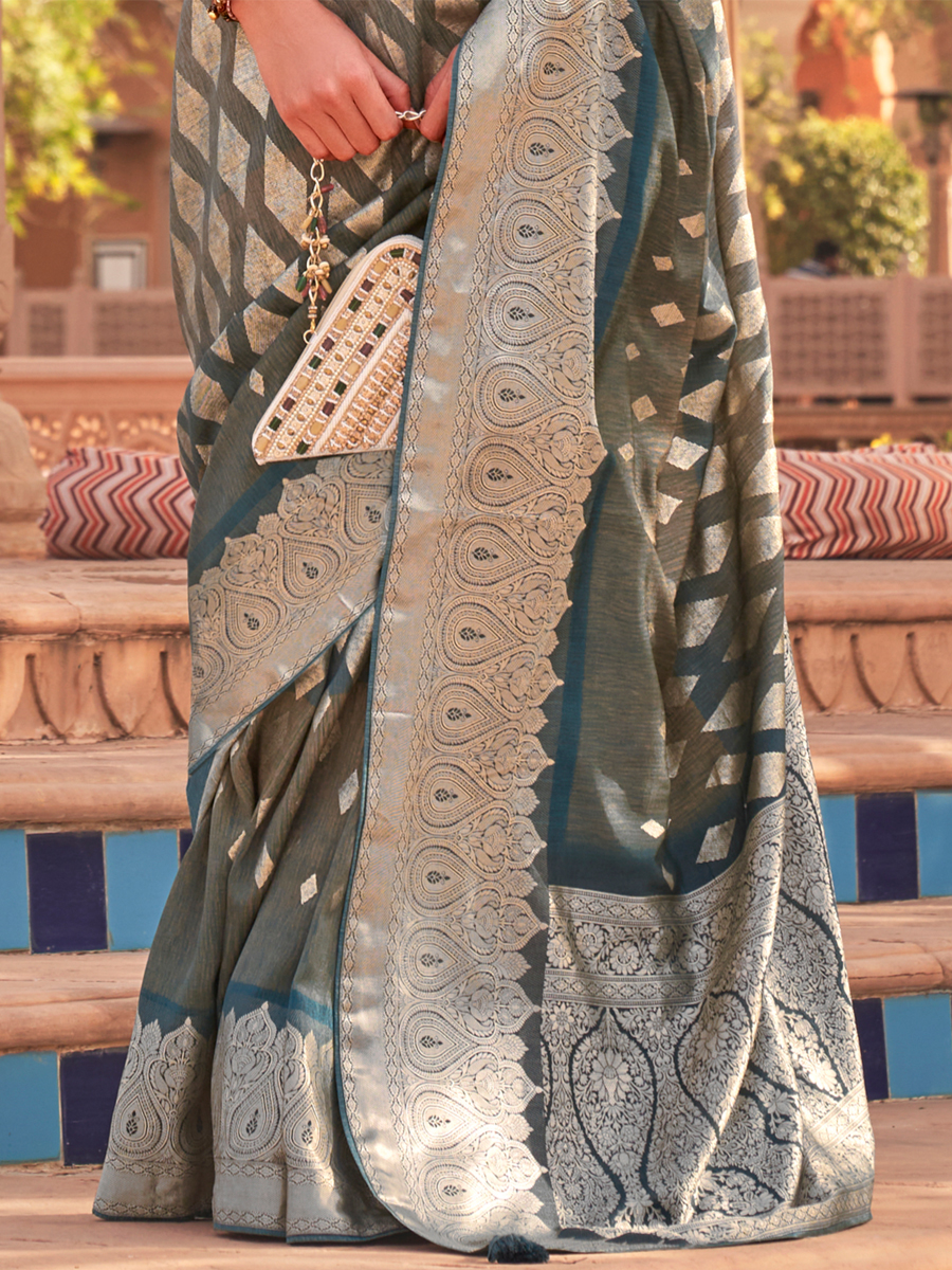 Grey Soft Kachhi Silk Handwoven Wedding Festival Heavy Border Saree