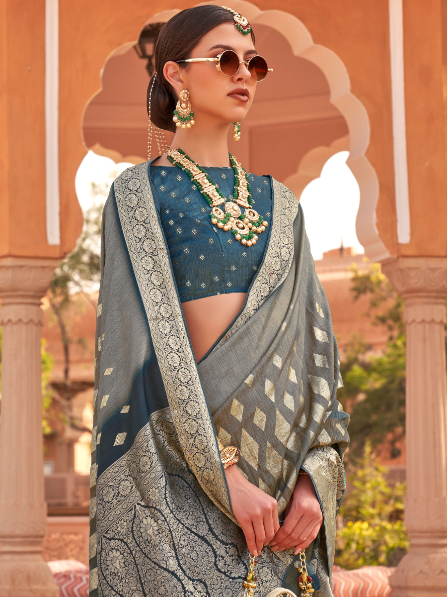 Grey Soft Kachhi Silk Handwoven Wedding Festival Heavy Border Saree