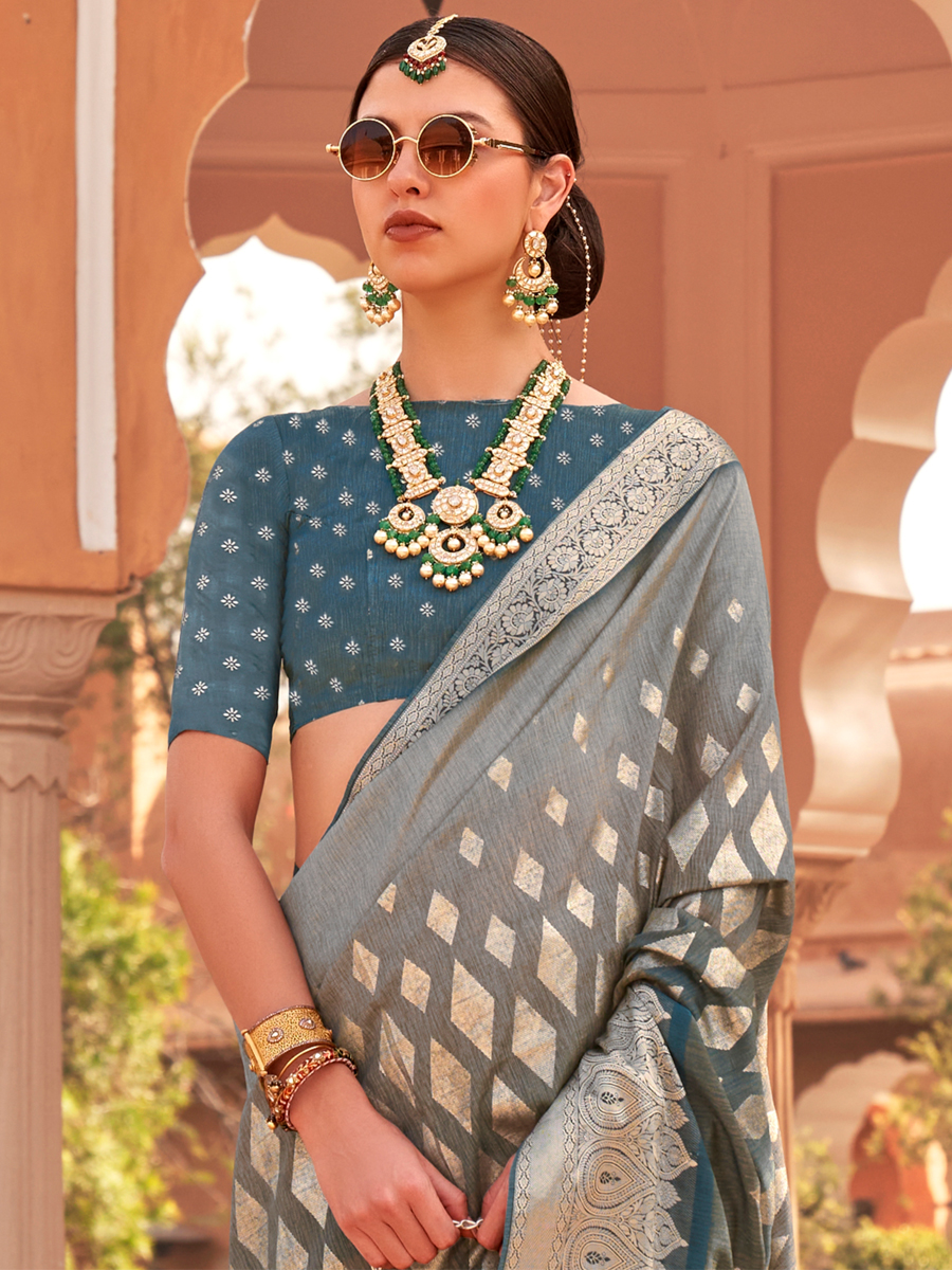 Grey Soft Kachhi Silk Handwoven Wedding Festival Heavy Border Saree