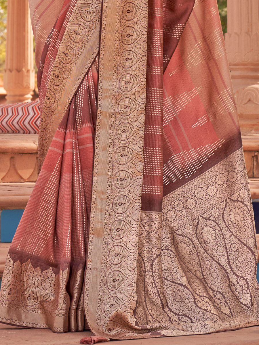 Peach Soft Kachhi Silk Handwoven Wedding Festival Heavy Border Saree