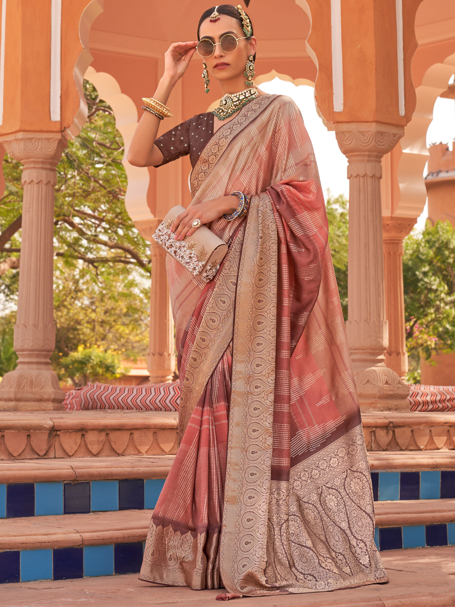 Peach Soft Kachhi Silk Handwoven Wedding Festival Heavy Border Saree