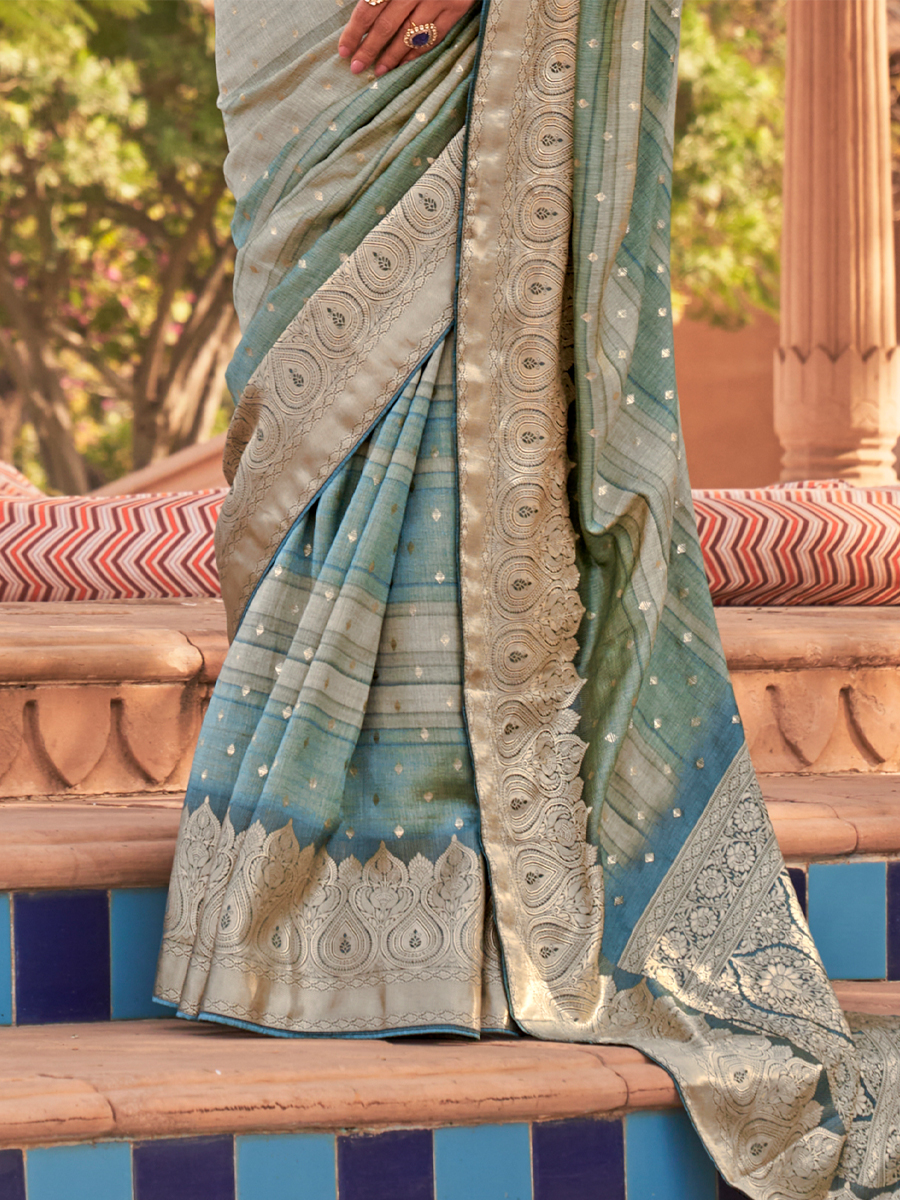 Sky Blue Soft Kachhi Silk Handwoven Wedding Festival Heavy Border Saree