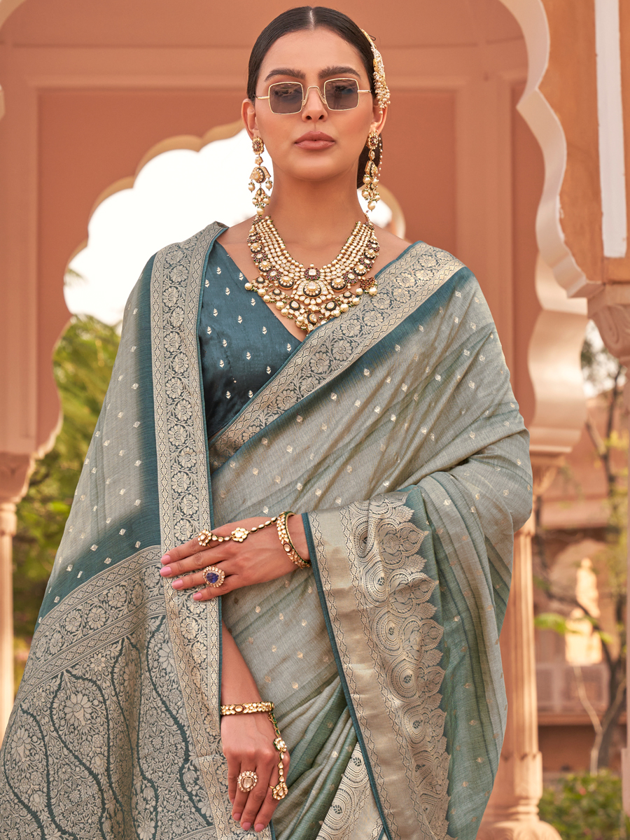 Sky Blue Soft Kachhi Silk Handwoven Wedding Festival Heavy Border Saree