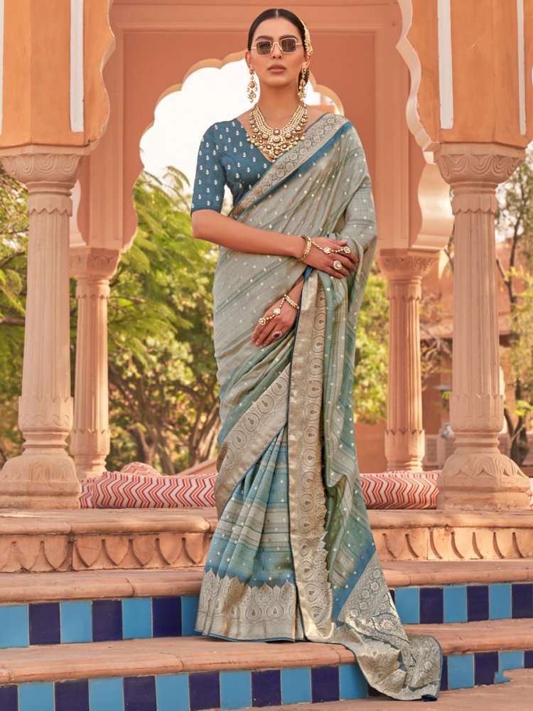 Sky Blue Soft Kachhi Silk Handwoven Wedding Festival Heavy Border Saree