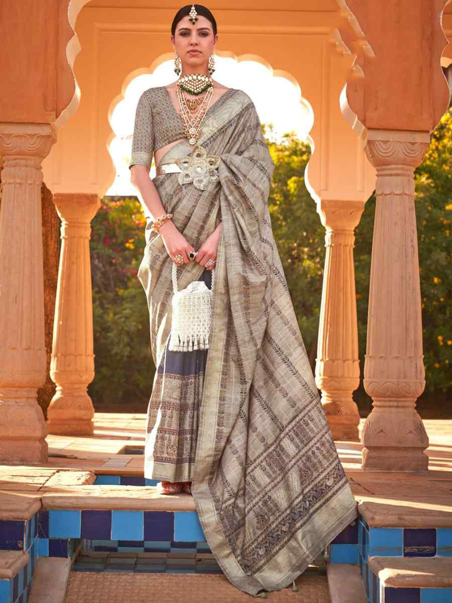 Almond Frost Brown Soft Kachchi Silk Printed Casual Festival Contemporary Saree