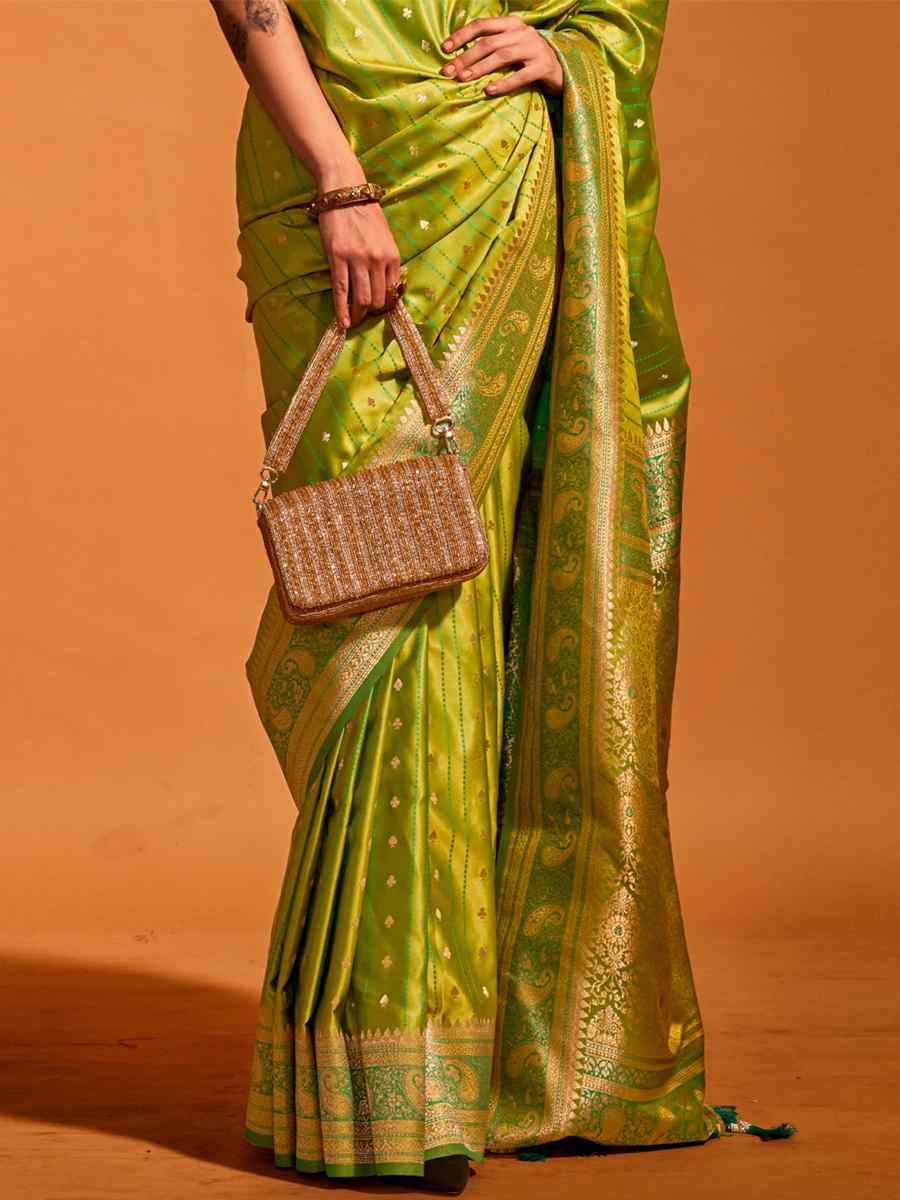 Alpine Green Satin Handwoven Wedding Festival Heavy Border Saree