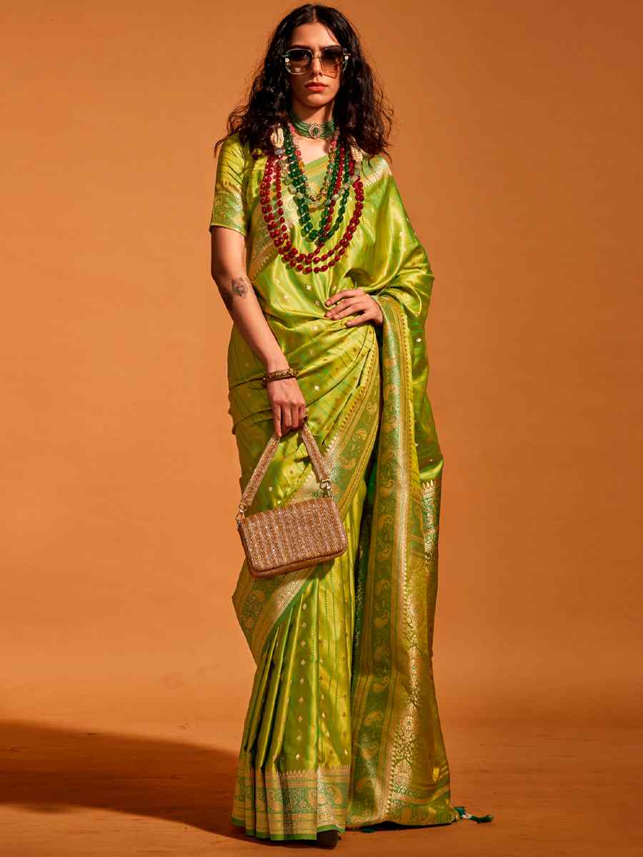 Alpine Green Satin Handwoven Wedding Festival Heavy Border Saree