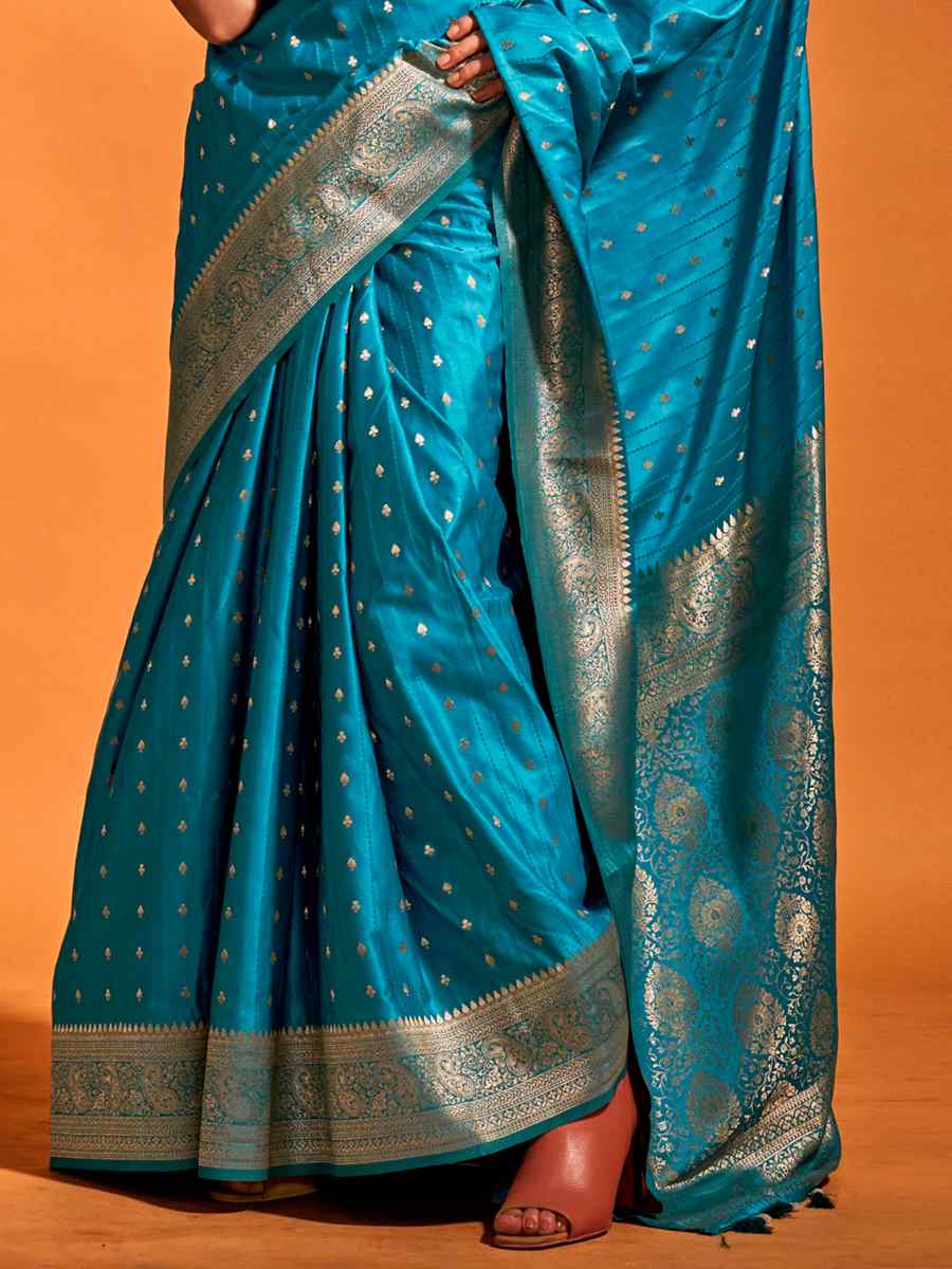 Steel Blue Satin Handwoven Wedding Festival Heavy Border Saree