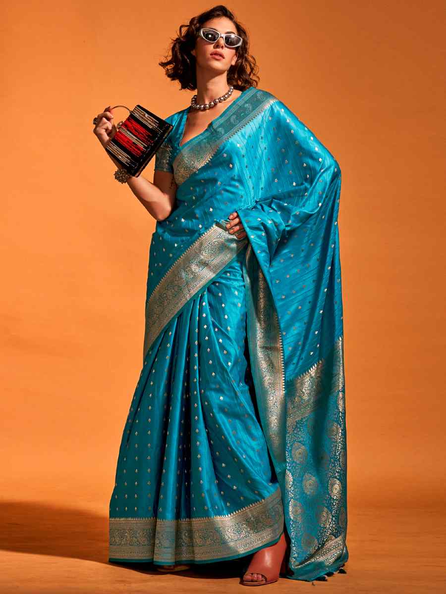 Steel Blue Satin Handwoven Wedding Festival Heavy Border Saree