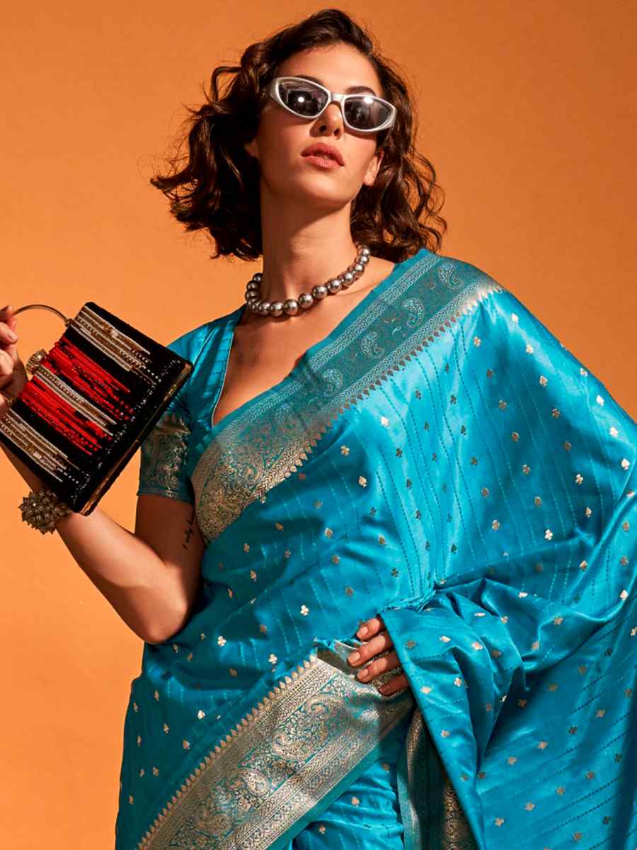 Steel Blue Satin Handwoven Wedding Festival Heavy Border Saree