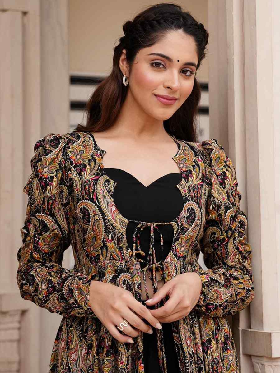 Black Faux Georgette Printed Festival Casual Ready Palazzo Pant Salwar Kameez