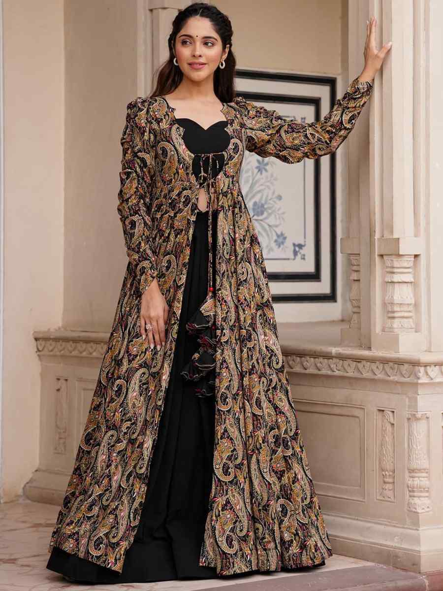 Black Faux Georgette Printed Festival Casual Ready Palazzo Pant Salwar Kameez