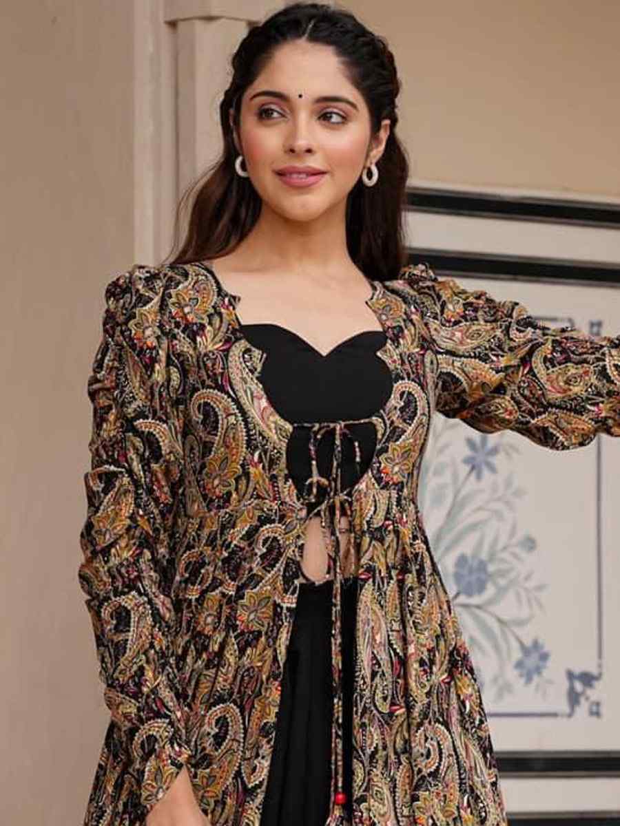 Black Faux Georgette Printed Festival Casual Ready Palazzo Pant Salwar Kameez