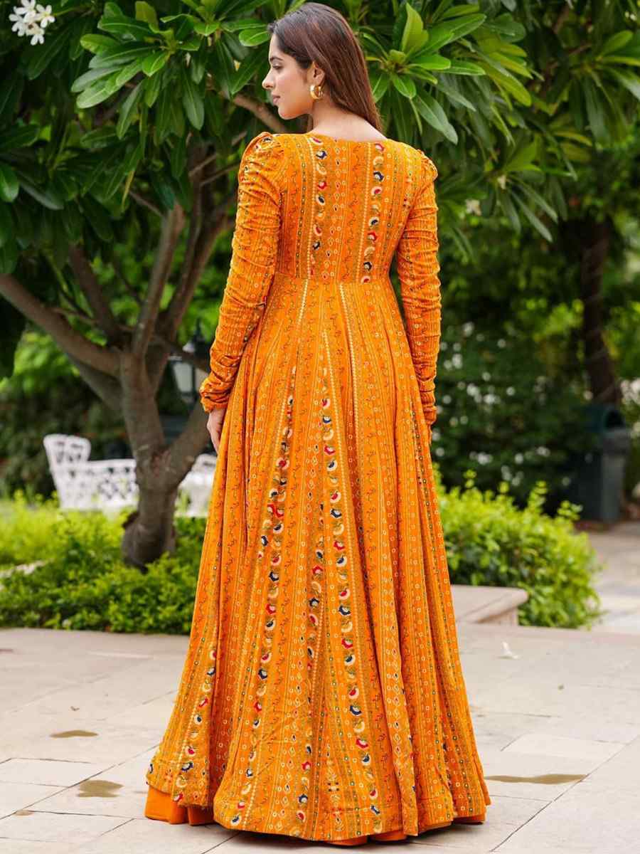 Bright Orange Faux Georgette Printed Festival Casual Ready Palazzo Pant Salwar Kameez