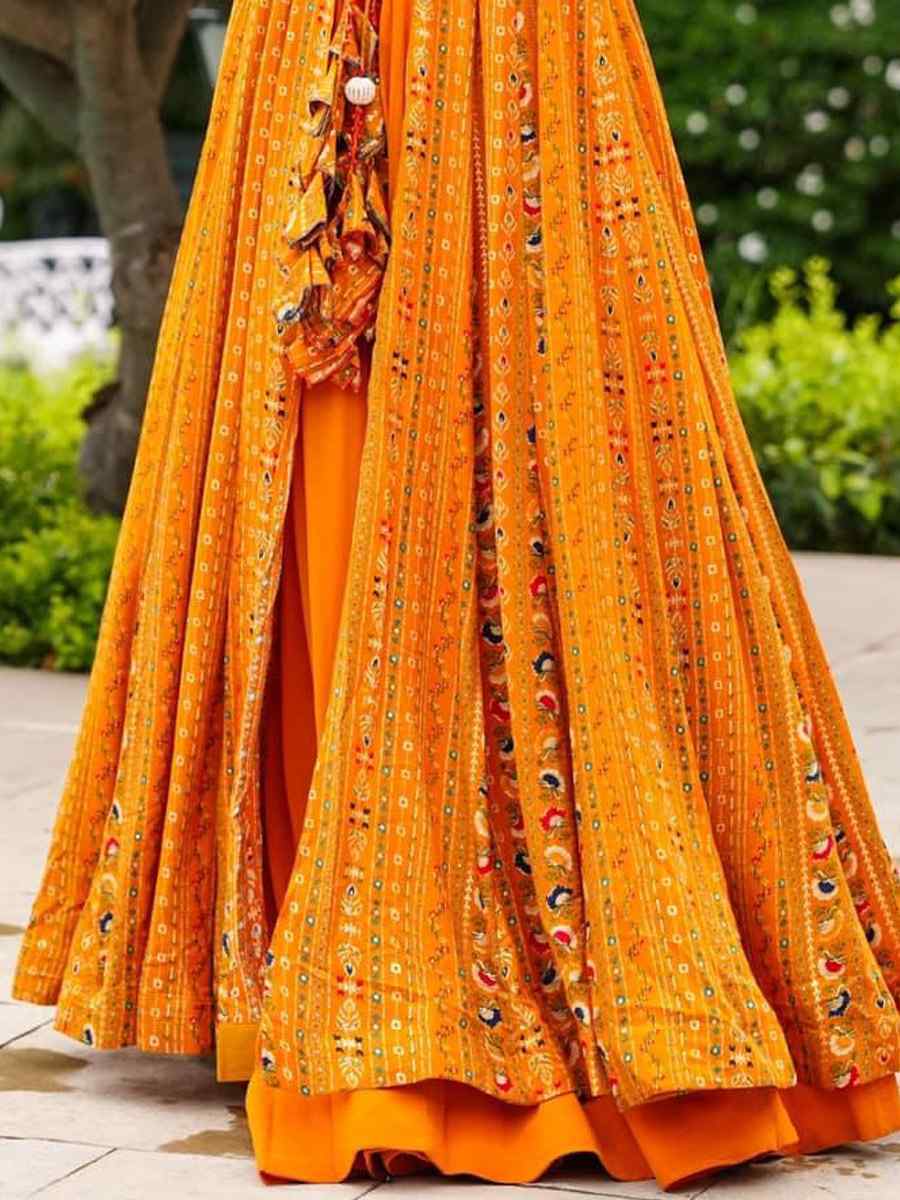 Bright Orange Faux Georgette Printed Festival Casual Ready Palazzo Pant Salwar Kameez
