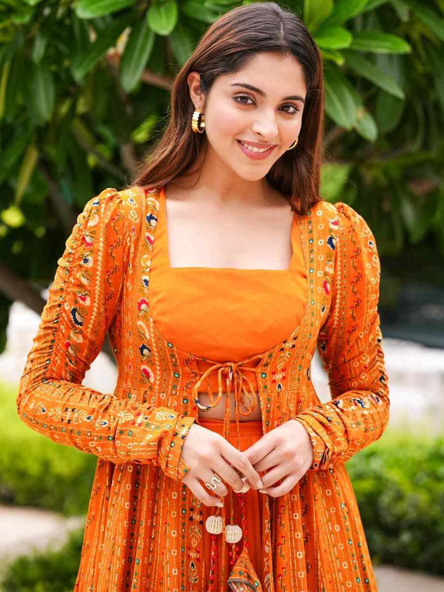 Bright Orange Faux Georgette Printed Festival Casual Ready Palazzo Pant Salwar Kameez