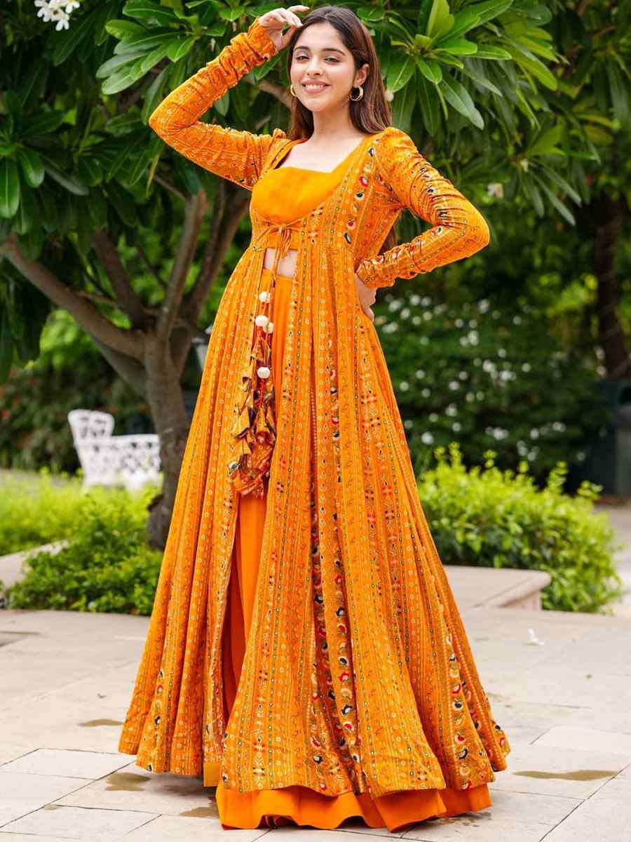 Bright Orange Faux Georgette Printed Festival Casual Ready Palazzo Pant Salwar Kameez