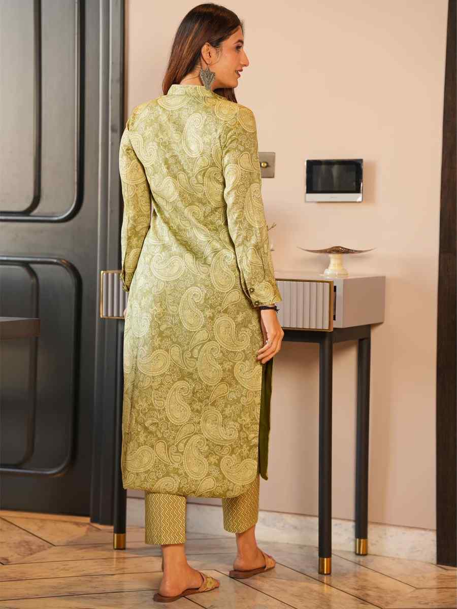 Garden Green Pure Maslin Printed Festival Casual Kurti With Bottom