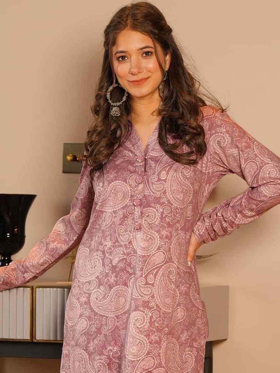 Bright Coral Pure Maslin Printed Festival Casual Kurti With Bottom