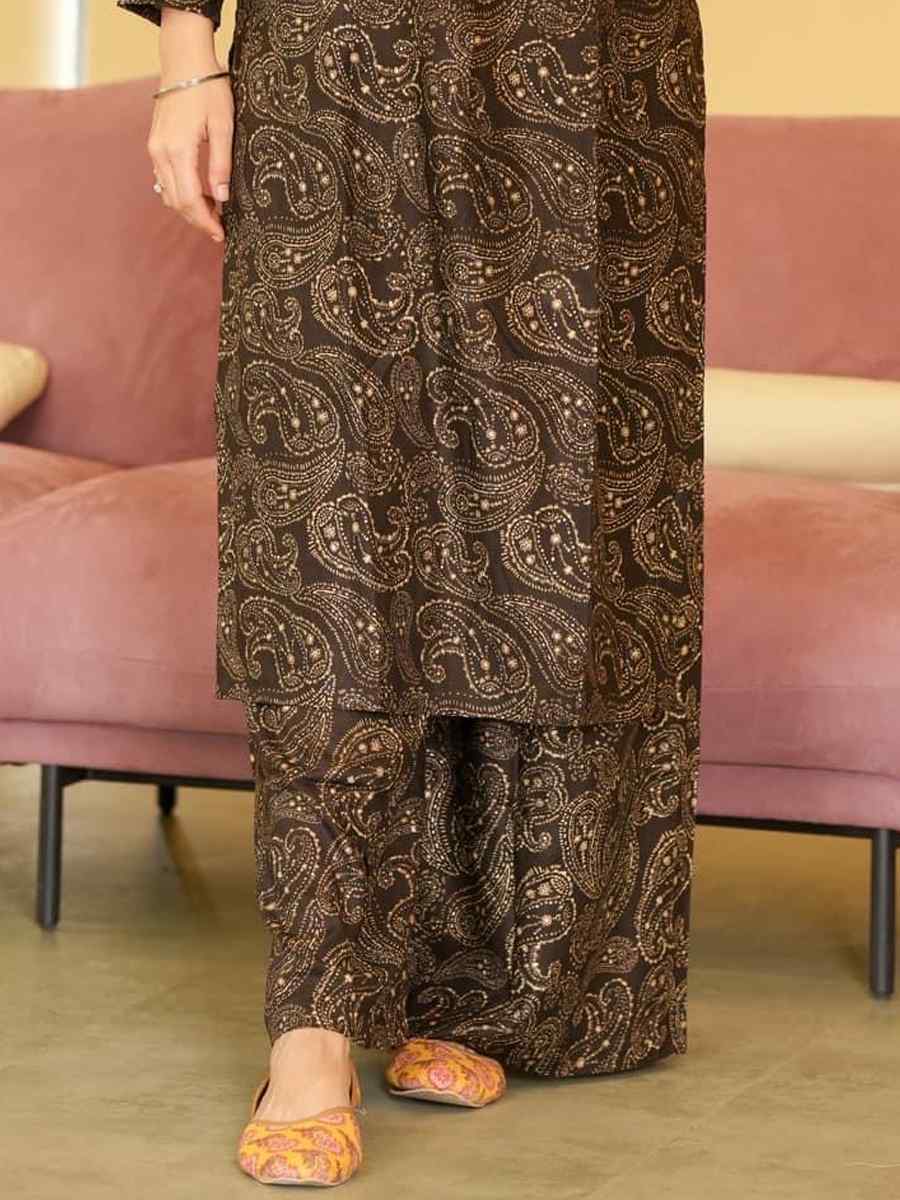 Brown Black Pure Maslin Printed Festival Casual Kurti With Bottom