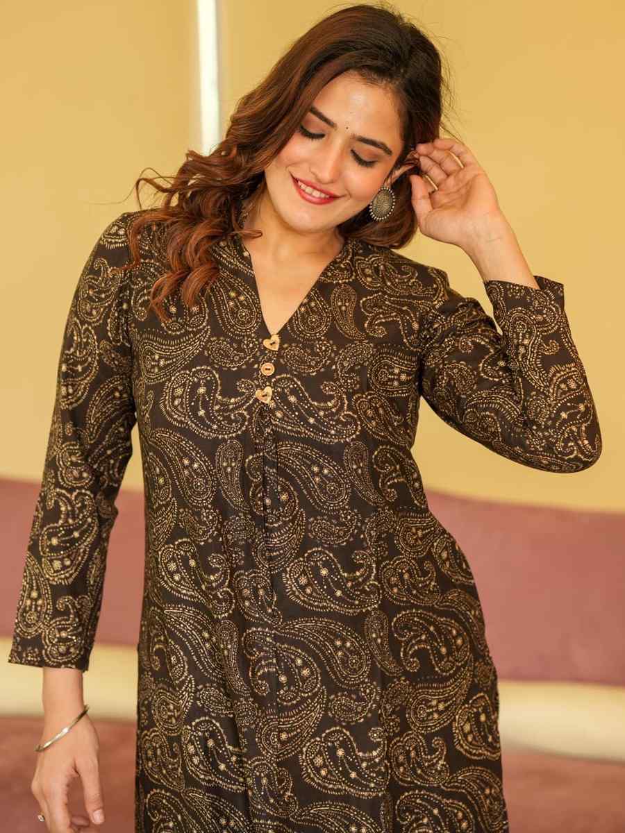 Brown Black Pure Maslin Printed Festival Casual Kurti With Bottom