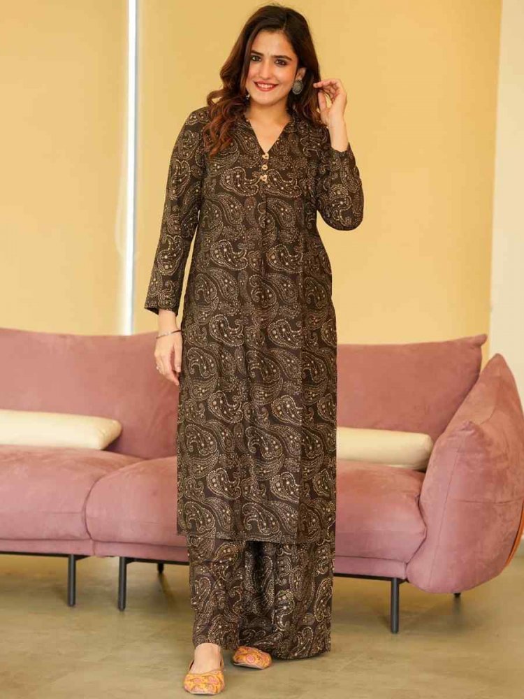 Brown Black Pure Maslin Printed Festival Casual Kurti With Bottom