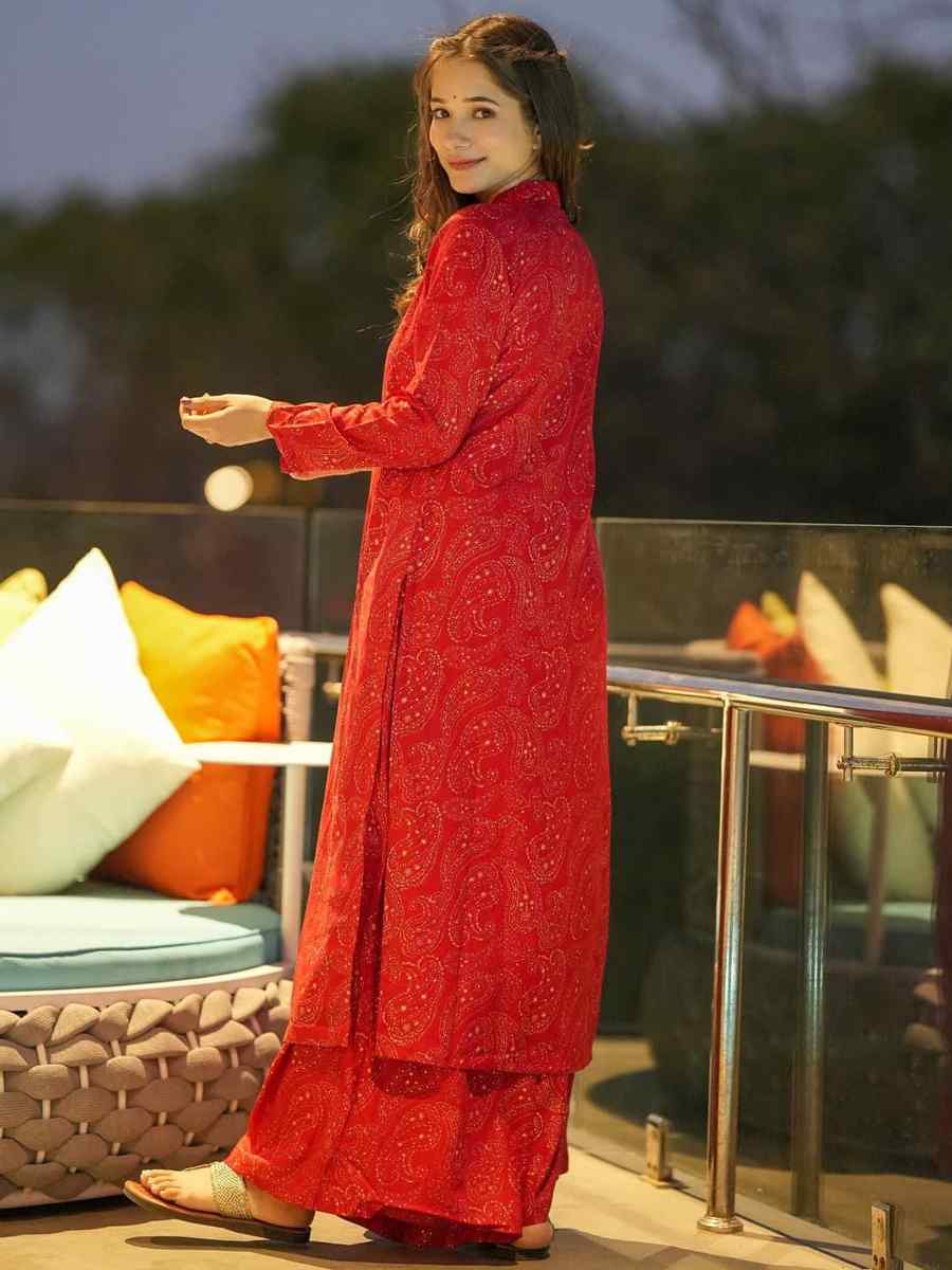 Red Pure Maslin Printed Festival Casual Kurti With Bottom