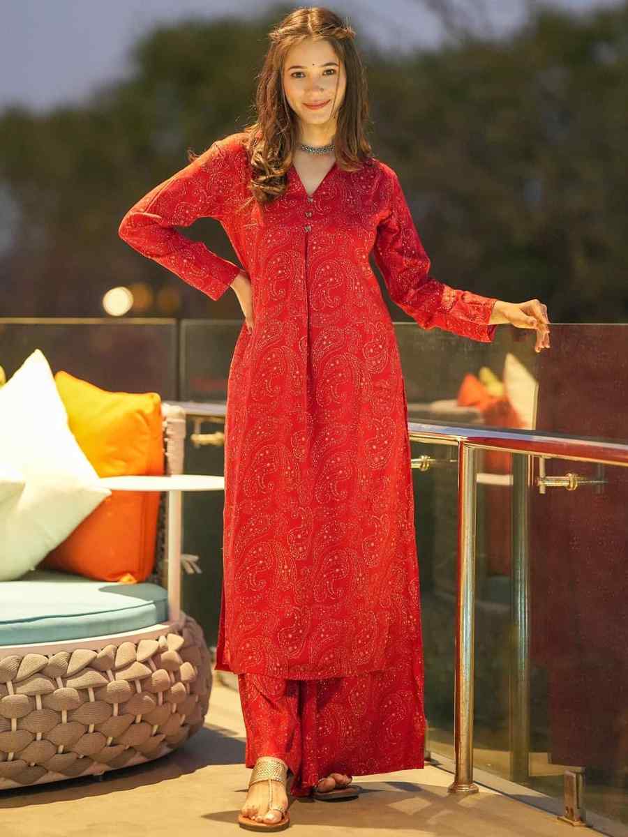 Red Pure Maslin Printed Festival Casual Kurti With Bottom