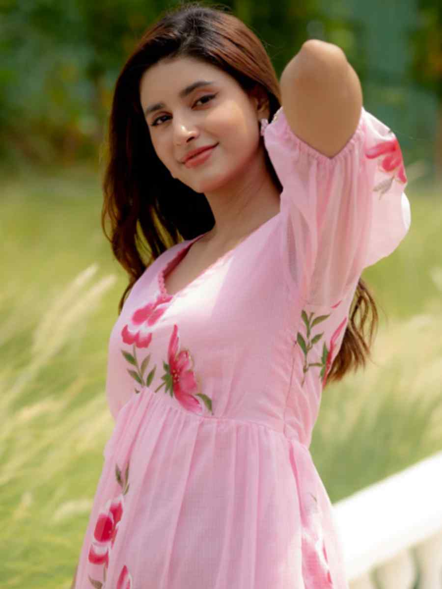 Pink Kota Checks Printed Festival Casual Gown