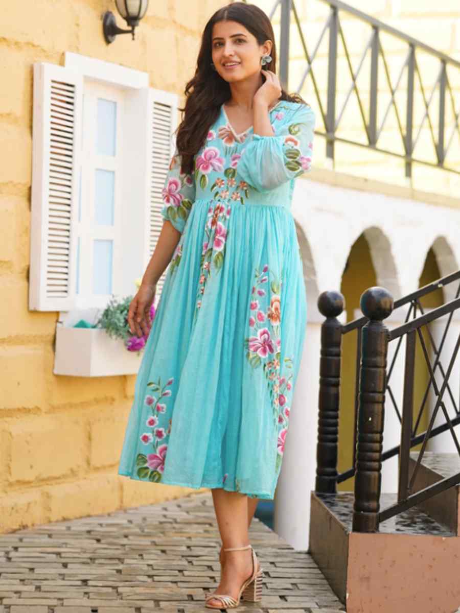 Blue Kota Checks Printed Festival Casual Gown