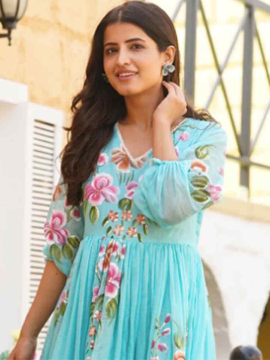 Blue Kota Checks Printed Festival Casual Gown