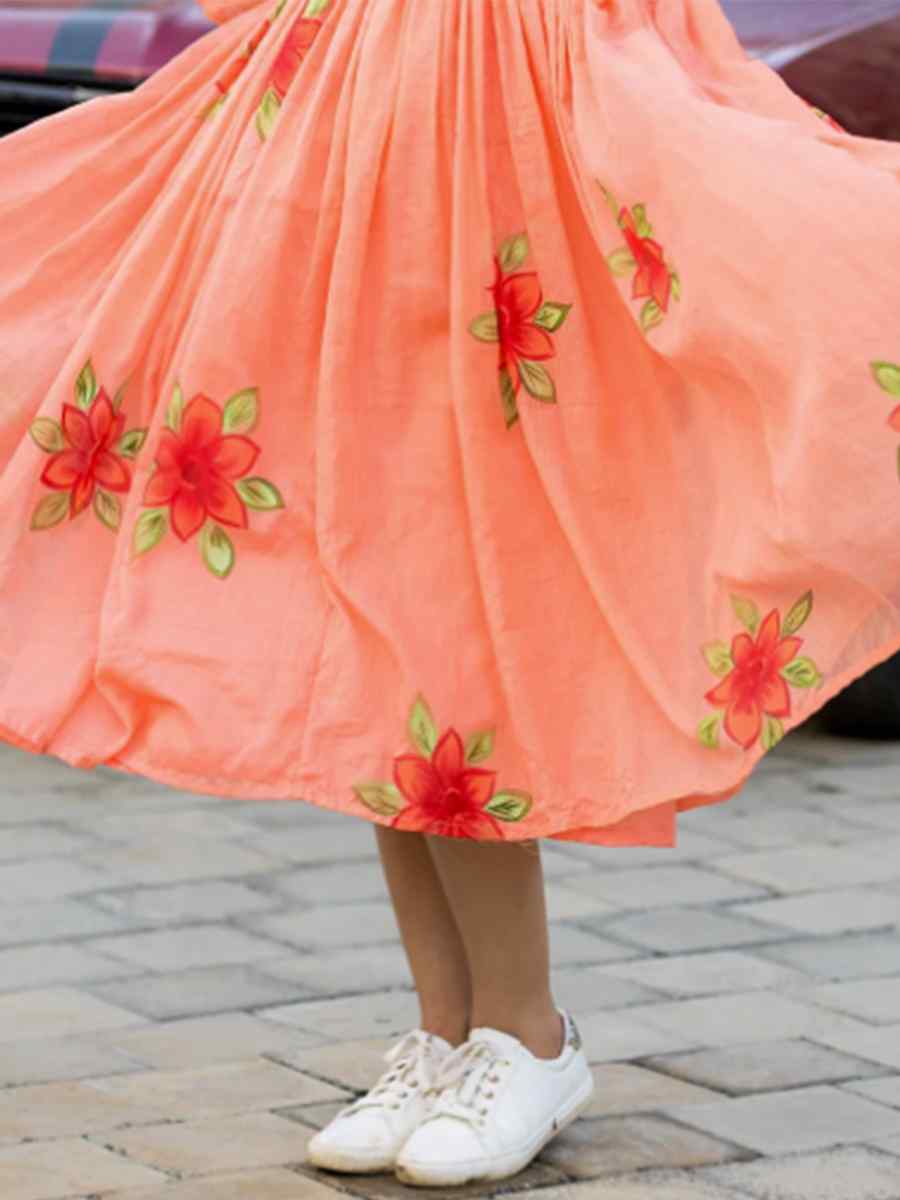 Peach Kota Checks Printed Festival Casual Gown