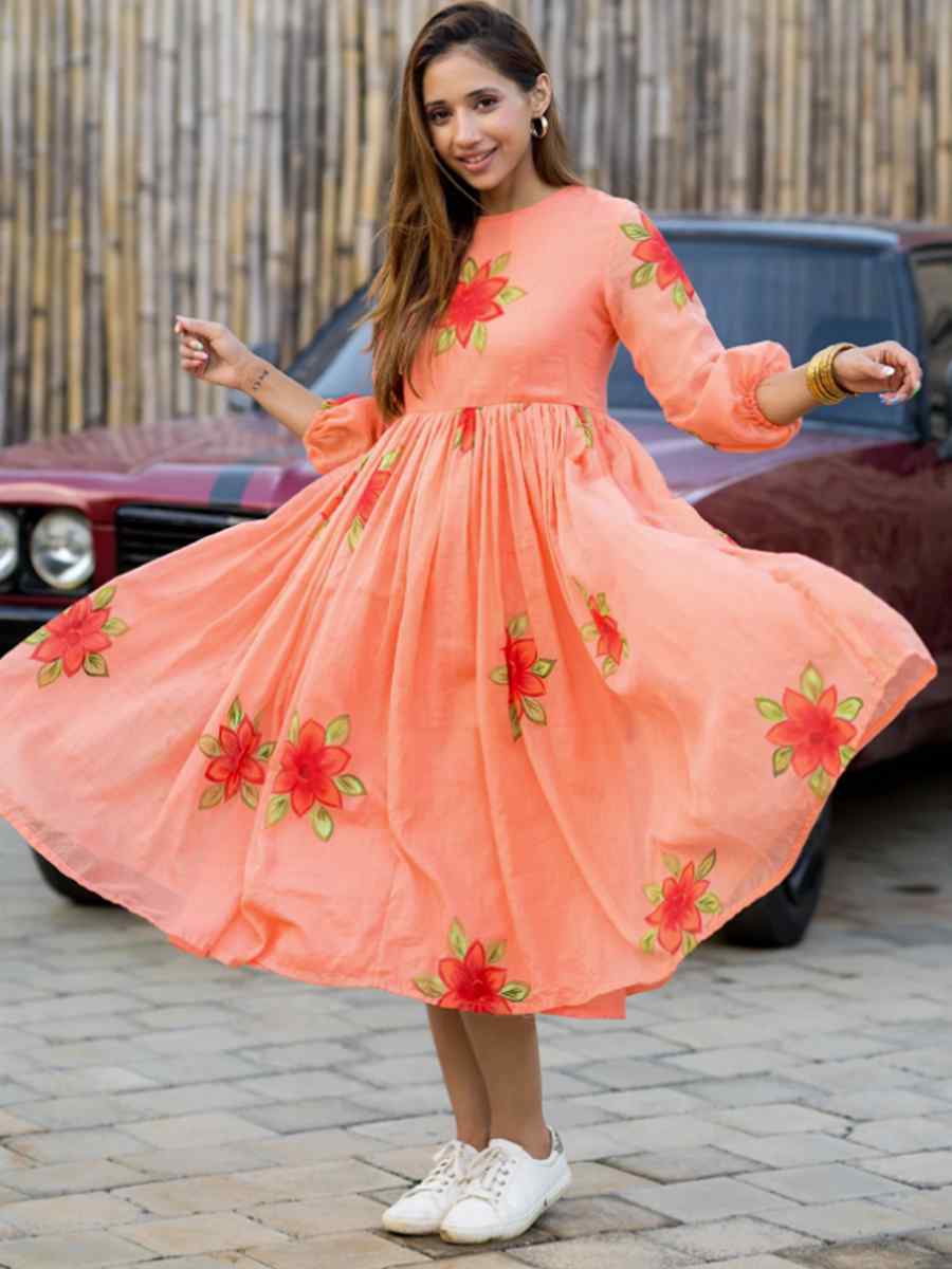 Peach Kota Checks Printed Festival Casual Gown