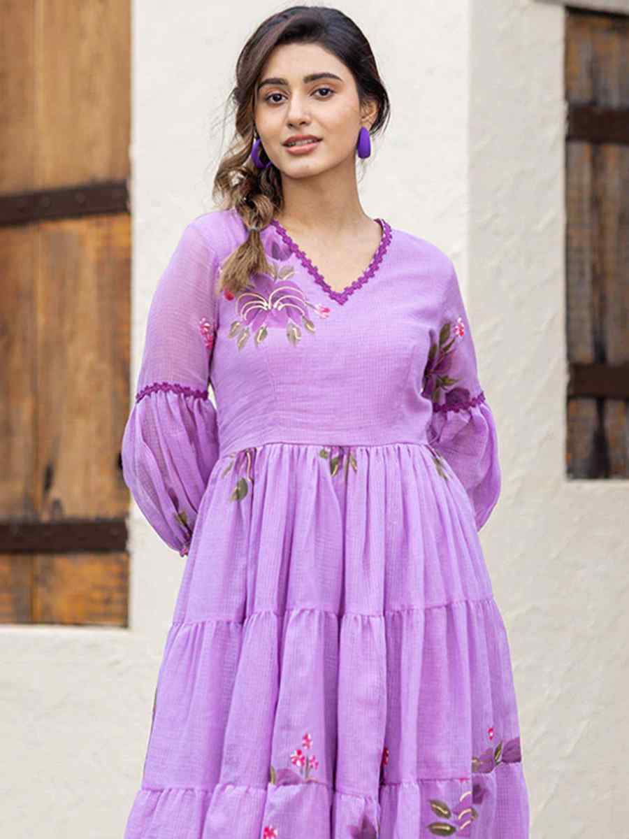 Purple Kota Checks Printed Festival Casual Gown