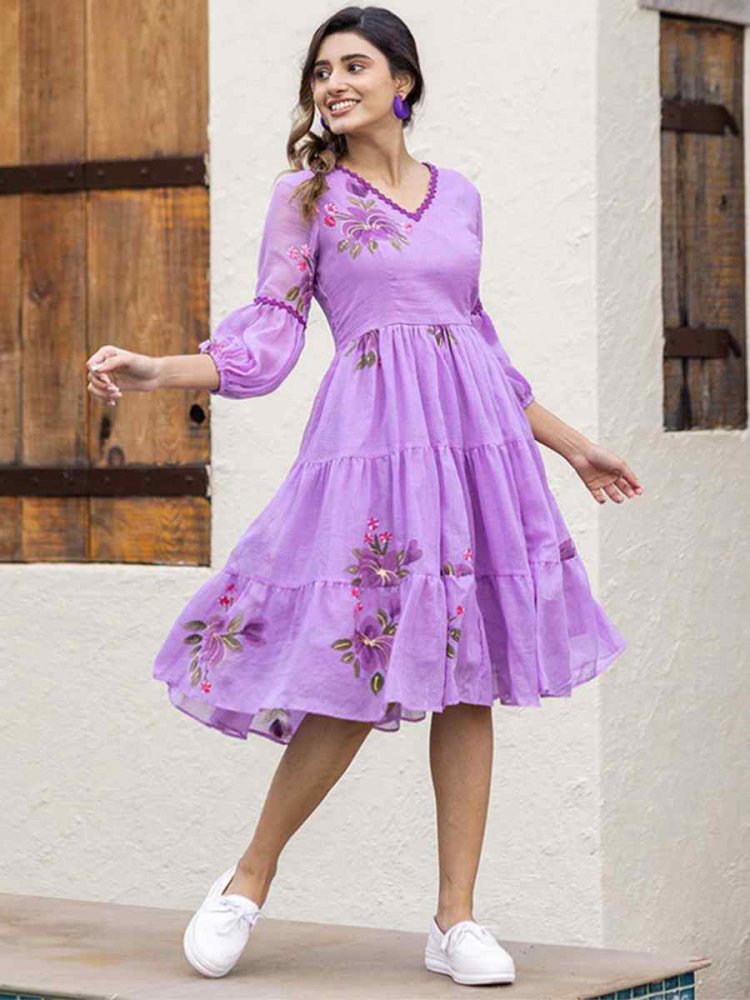 Purple Kota Checks Printed Festival Casual Gown